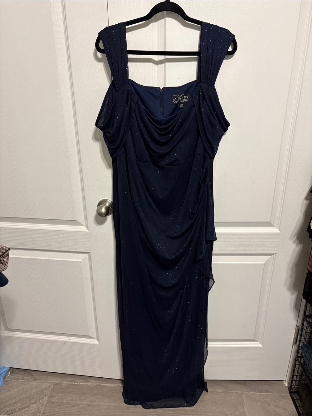 Alex Evenings Navy Sparkle Draped Maxi Dress